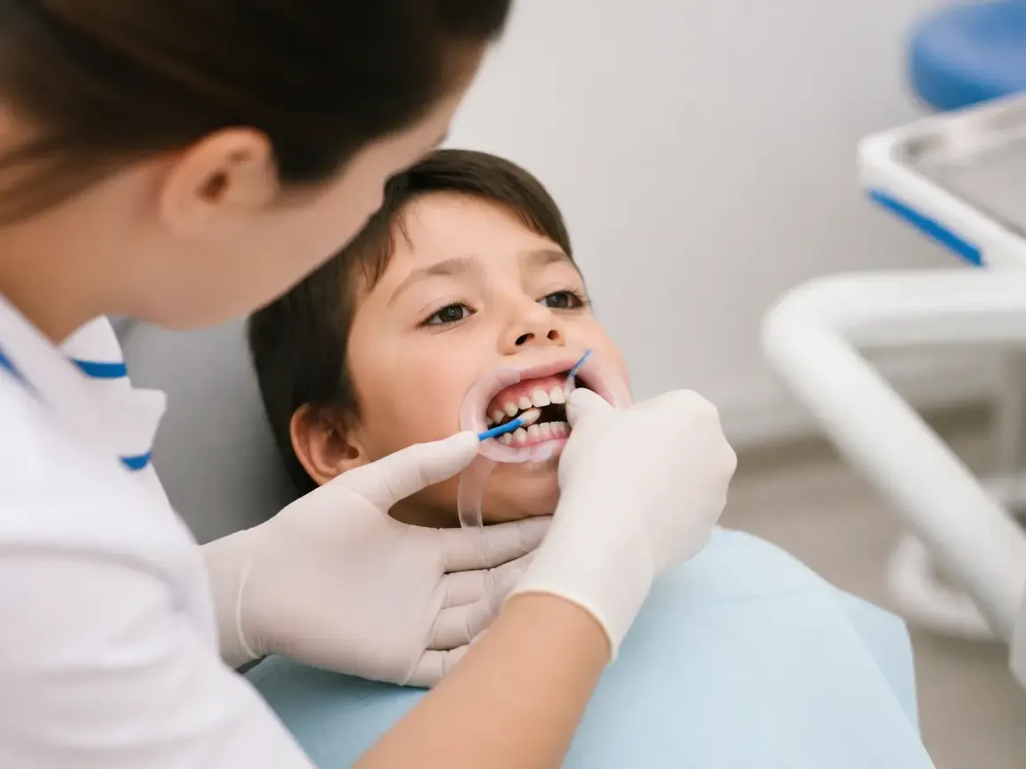 The treatment stage itself: the doctor's gloved hands working inside the oral cavity — an illustration for the section "Applying the composition"