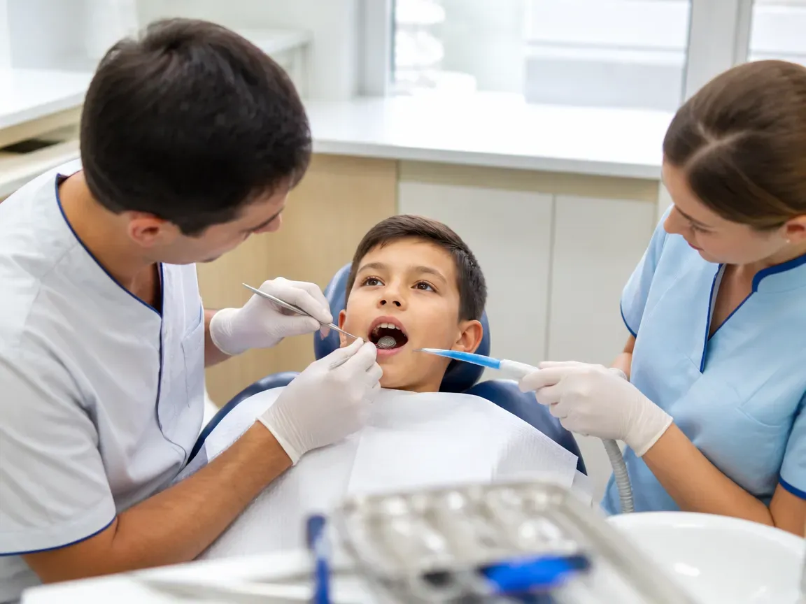 Follow-up visit: the dentist checks the result with a mirror while the assistant holds the saliva ejector — illustration for the section "Completion and recommendations"