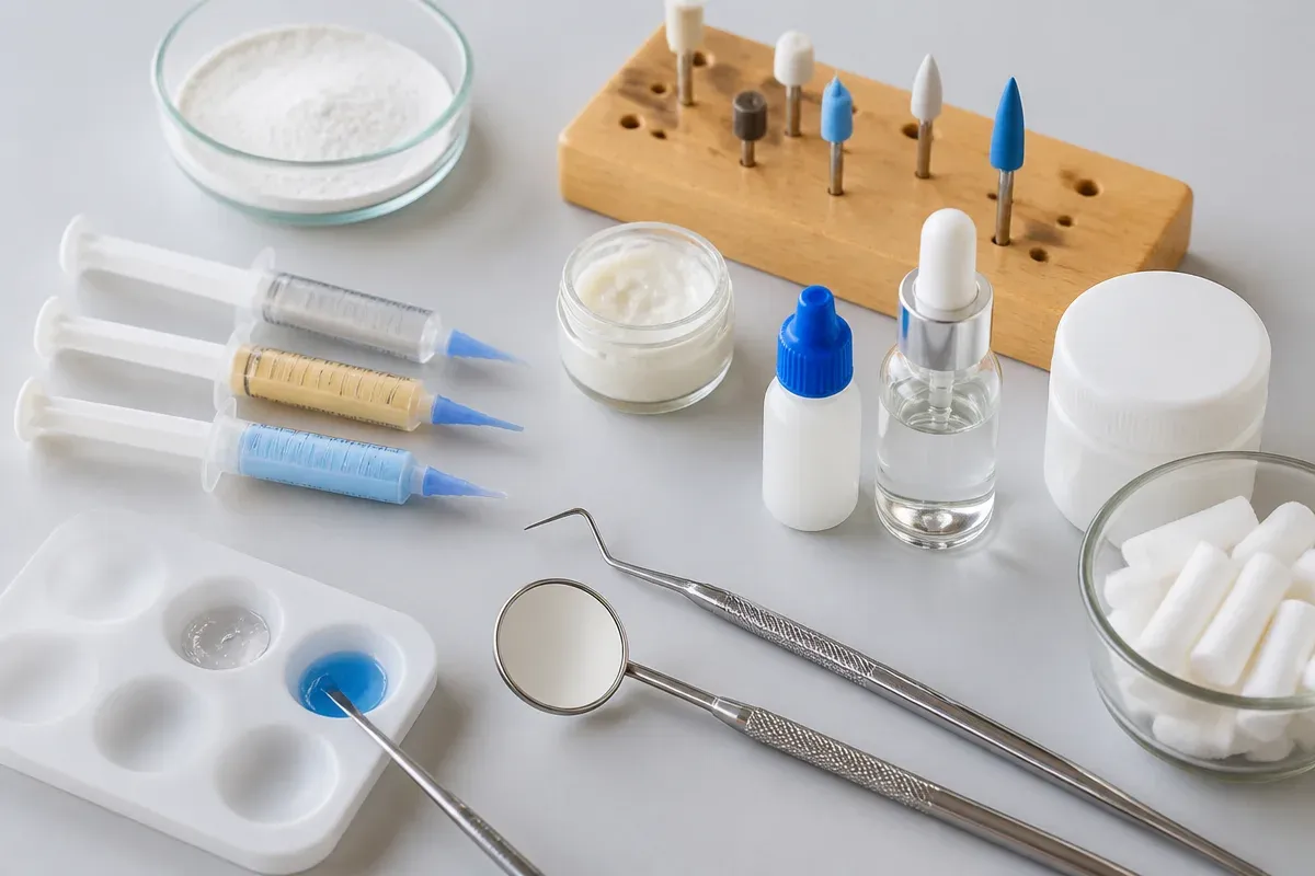 Instruments and materials for this type of treatment, laid out on a light-colored surface — an illustration for the section "What alternatives to silvering are there"