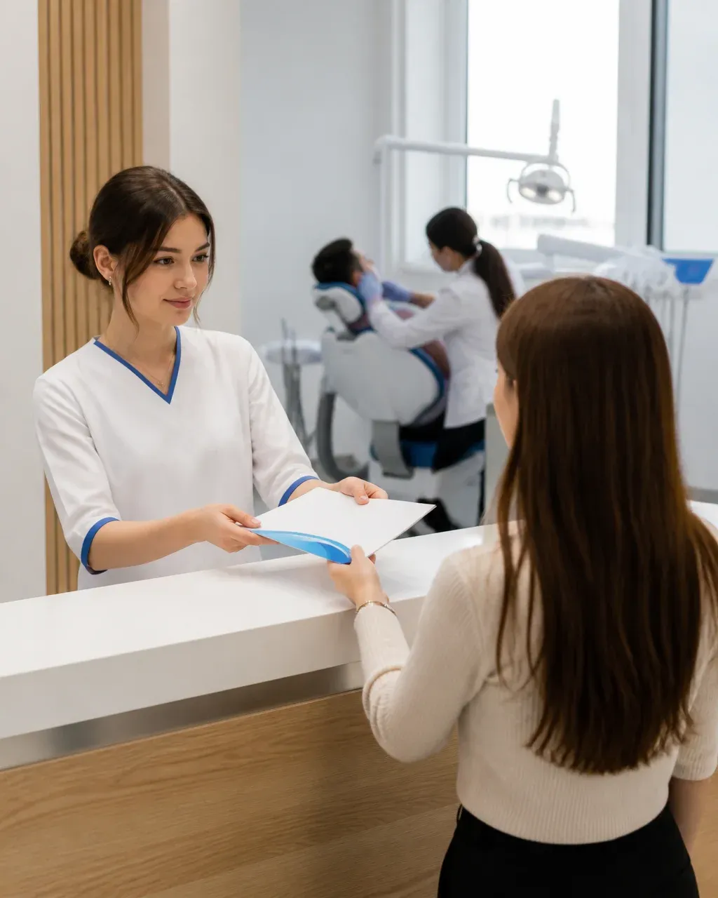 The clinic administrator gives the patient a treatment plan at the front desk
