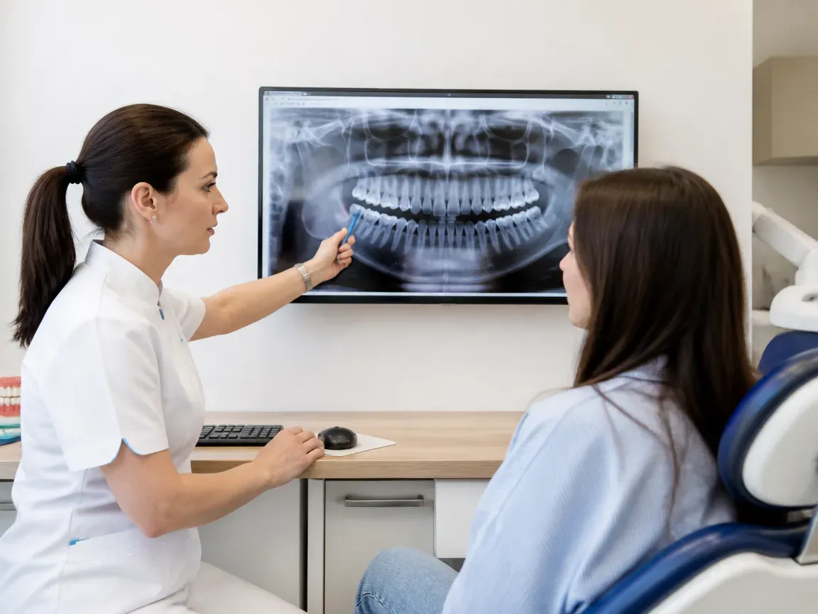 Consultation: doctor and patient at a screen with an X-ray — illustration for the "Consultation and Diagnostics" section