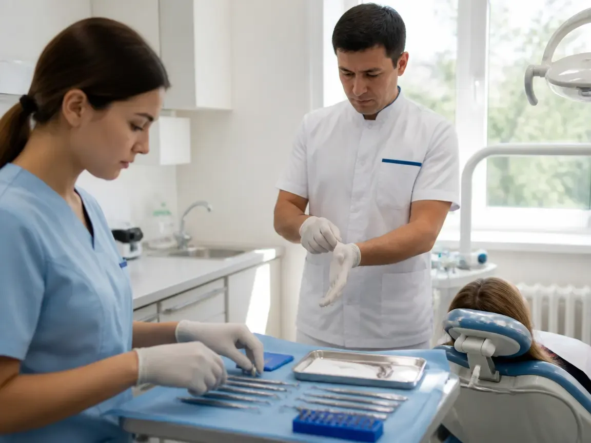 Preparation: the assistant lays out sterile instruments, the dentist puts on gloves — illustration for the "Surgical Stage" section