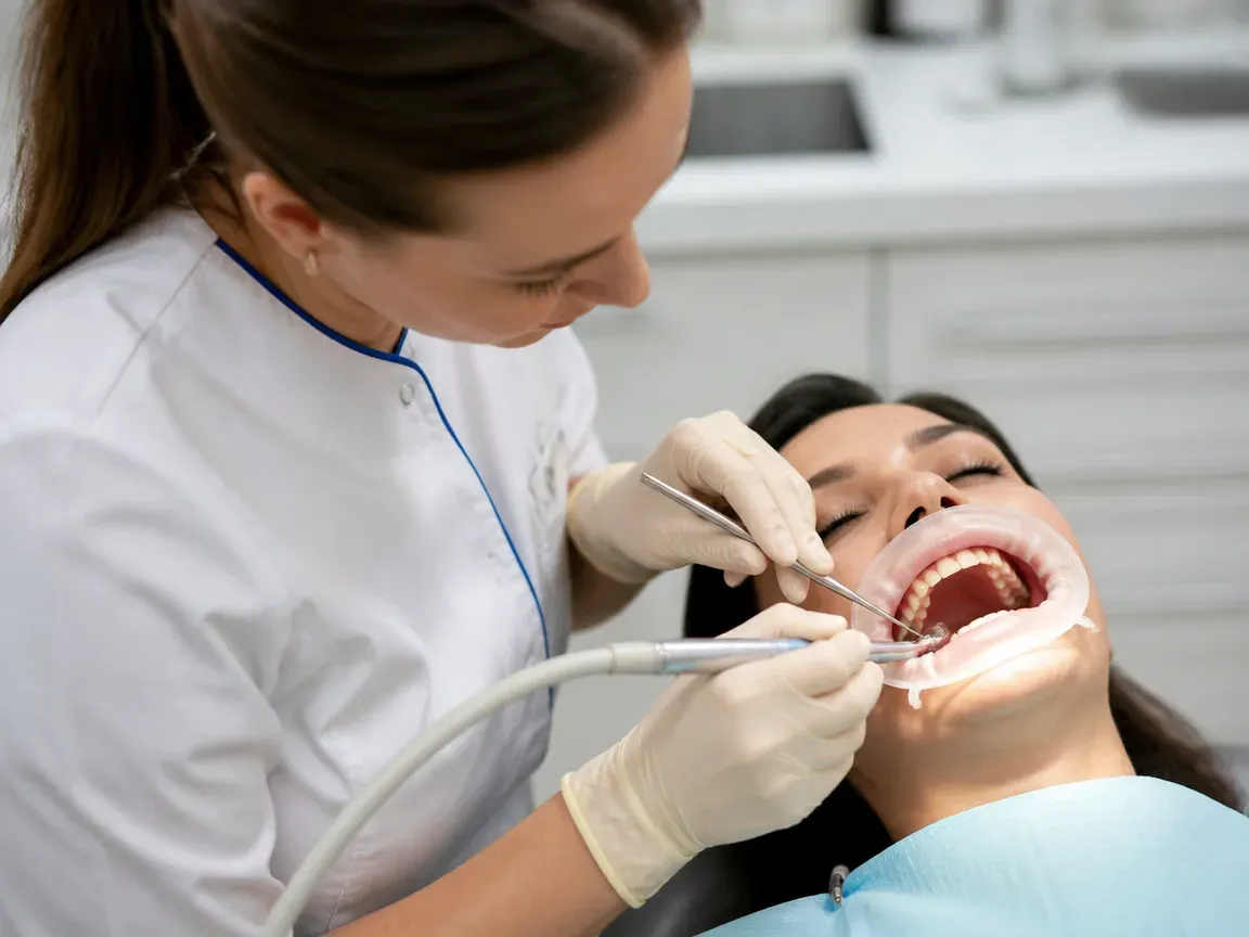 The treatment stage itself: the doctor's gloved hands working in the oral cavity — an illustration for the section 'Placement of the healing abutment and crown'