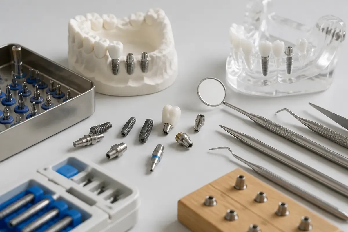 The instruments and materials for this type of treatment, laid out on a light-colored surface — an illustration for the section "Types of Swiss implants"