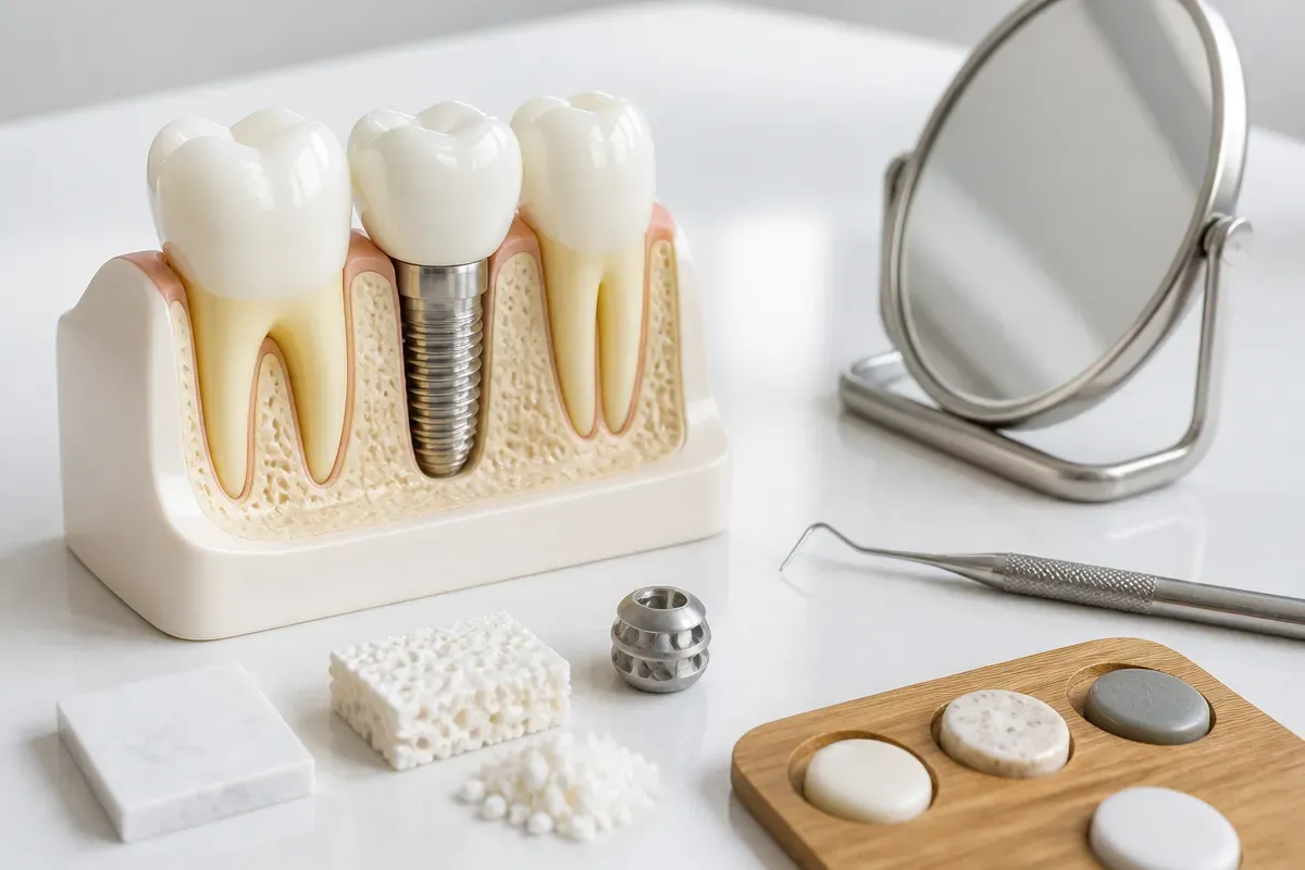 A jaw model and material samples on the dentist's table next to a mirror and probe — an illustration for the "Contraindications to Implantation" section