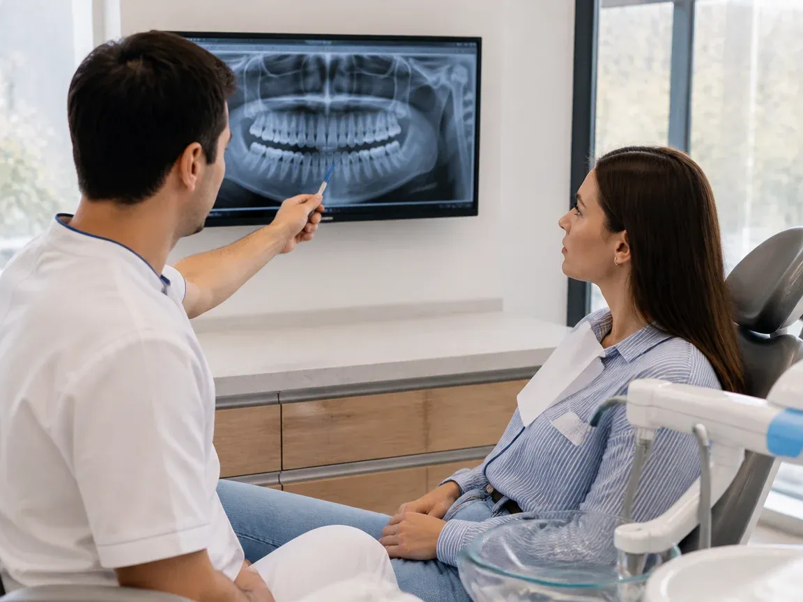 Consultation: doctor and patient at a screen with an X-ray — illustration for the section "How Skyce installation works: stages and timelines"