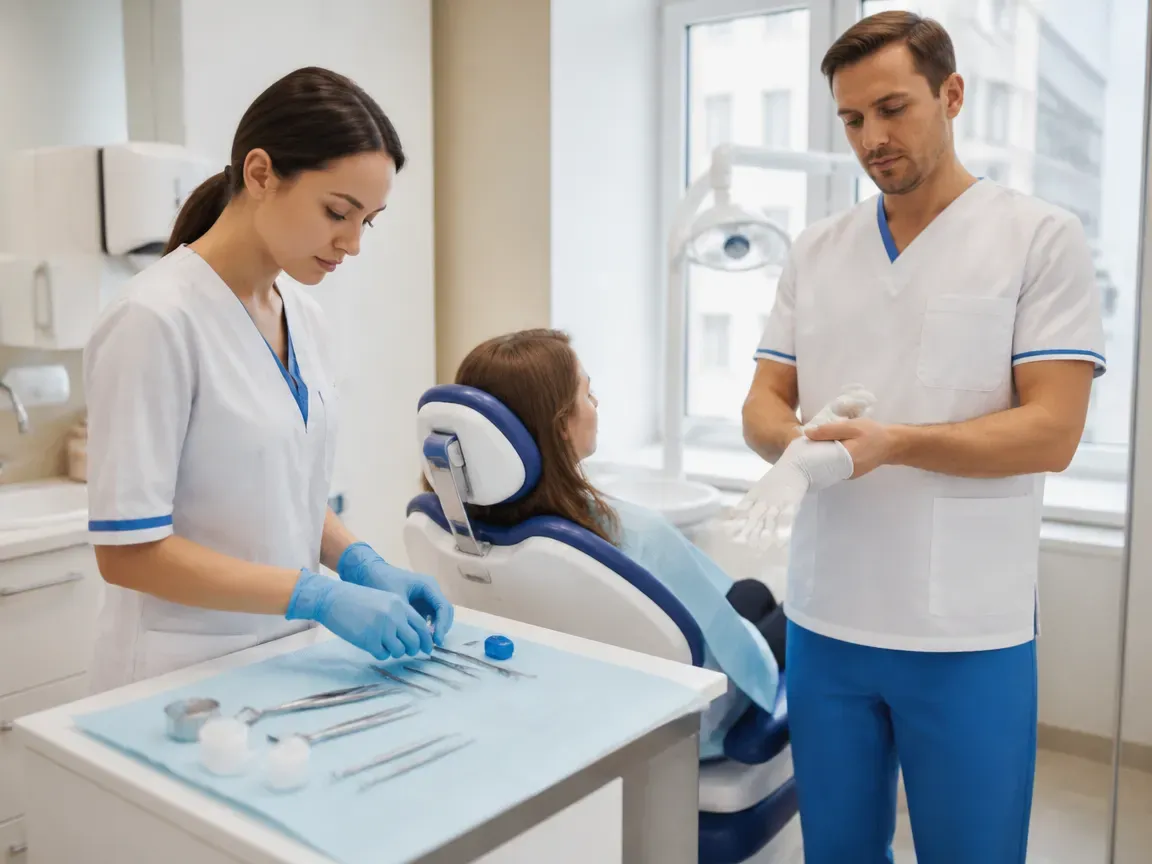 Preparation: the assistant lays out sterile instruments, the dentist puts on gloves — illustration for the section "Preparatory stage before placement"