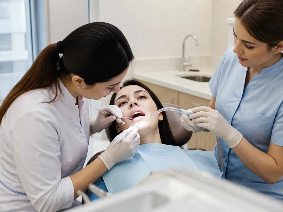 Follow-up visit: the dentist checks the result with a mirror while the assistant holds the saliva ejector — illustration for the section "Does it hurt to get aligners and how does the adjustment period go?"