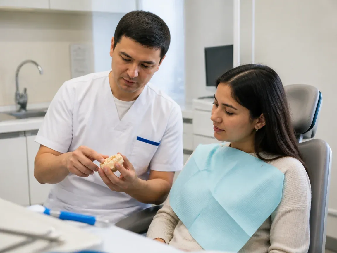 End of appointment: the doctor next to the patient goes over aftercare recommendations — illustration for the section "Follow-up checkups after placement"