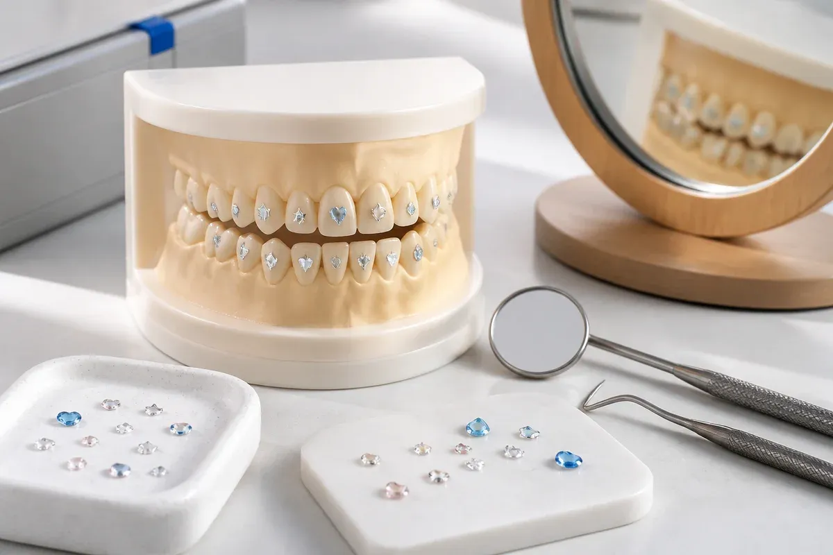 Jaw model and material samples on the dentist's table next to a mirror and probe — illustration for the section "Ceramic onlays: features"