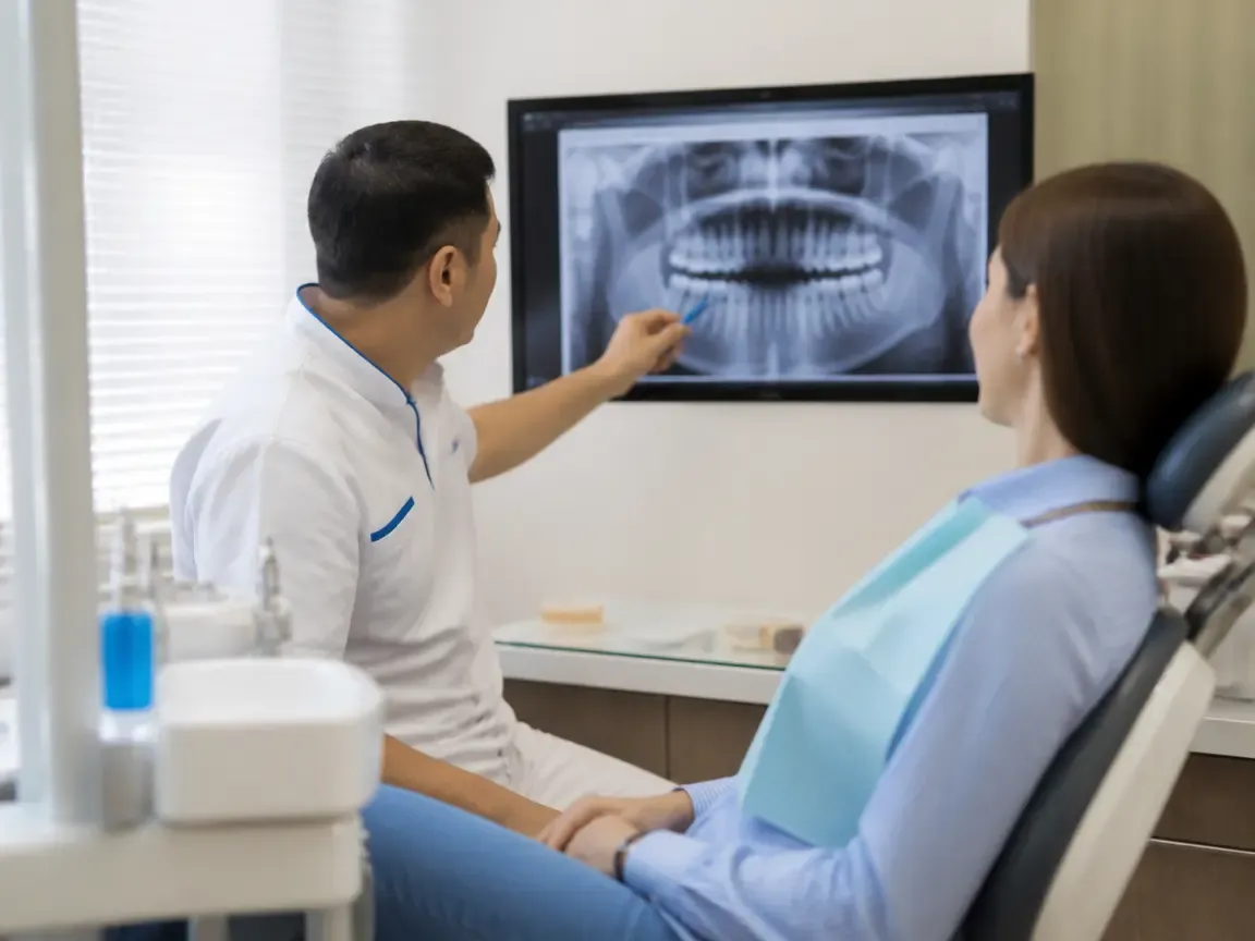 Consultation: doctor and patient at a screen with an X-ray — illustration for the section "Examination and Preparation"