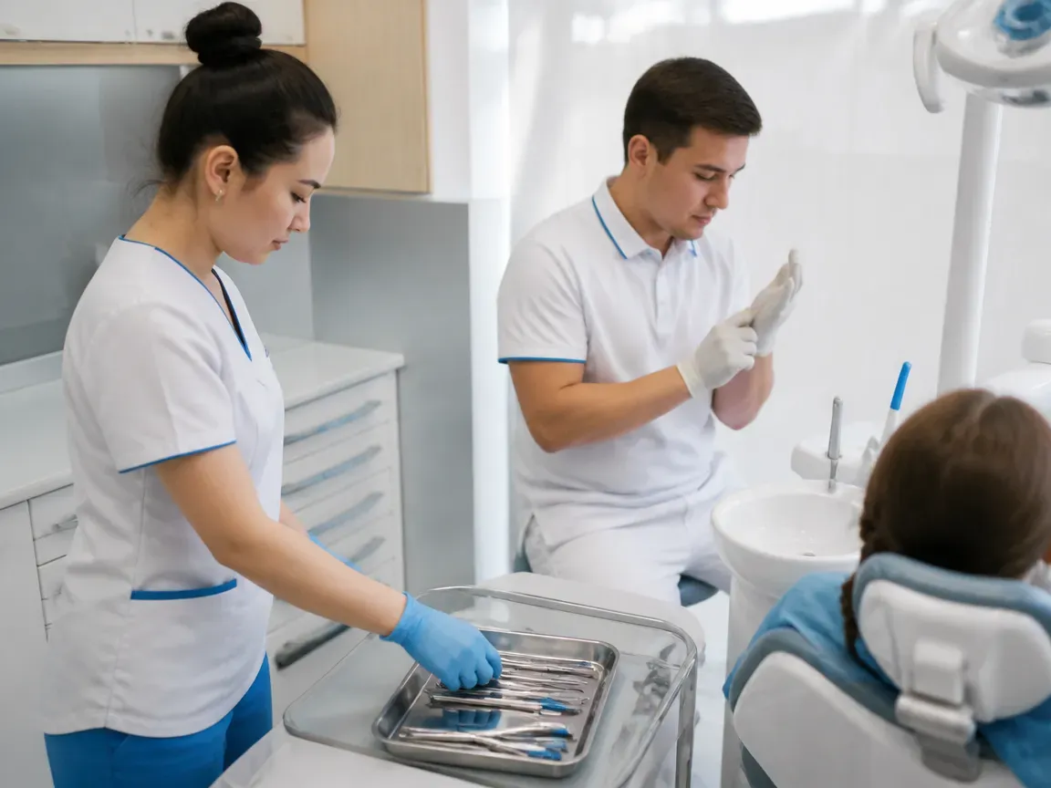 Preparation: the assistant lays out sterile instruments, the dentist puts on gloves — illustration for the "Removing Locks" section