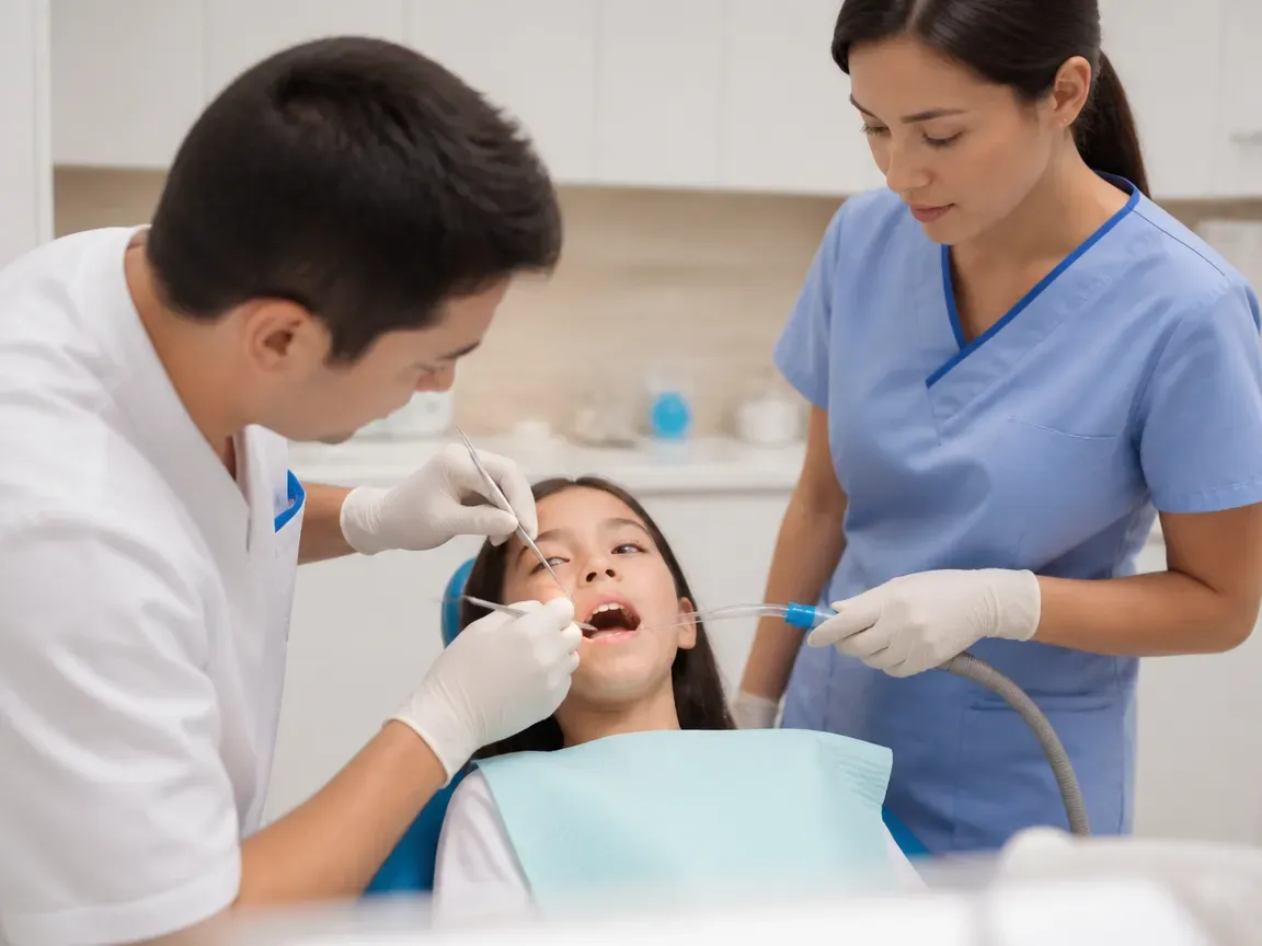 Follow-up visit: the dentist checks the result with a mirror while the assistant holds the saliva ejector — illustration for the "Follow-up and recommendations" section