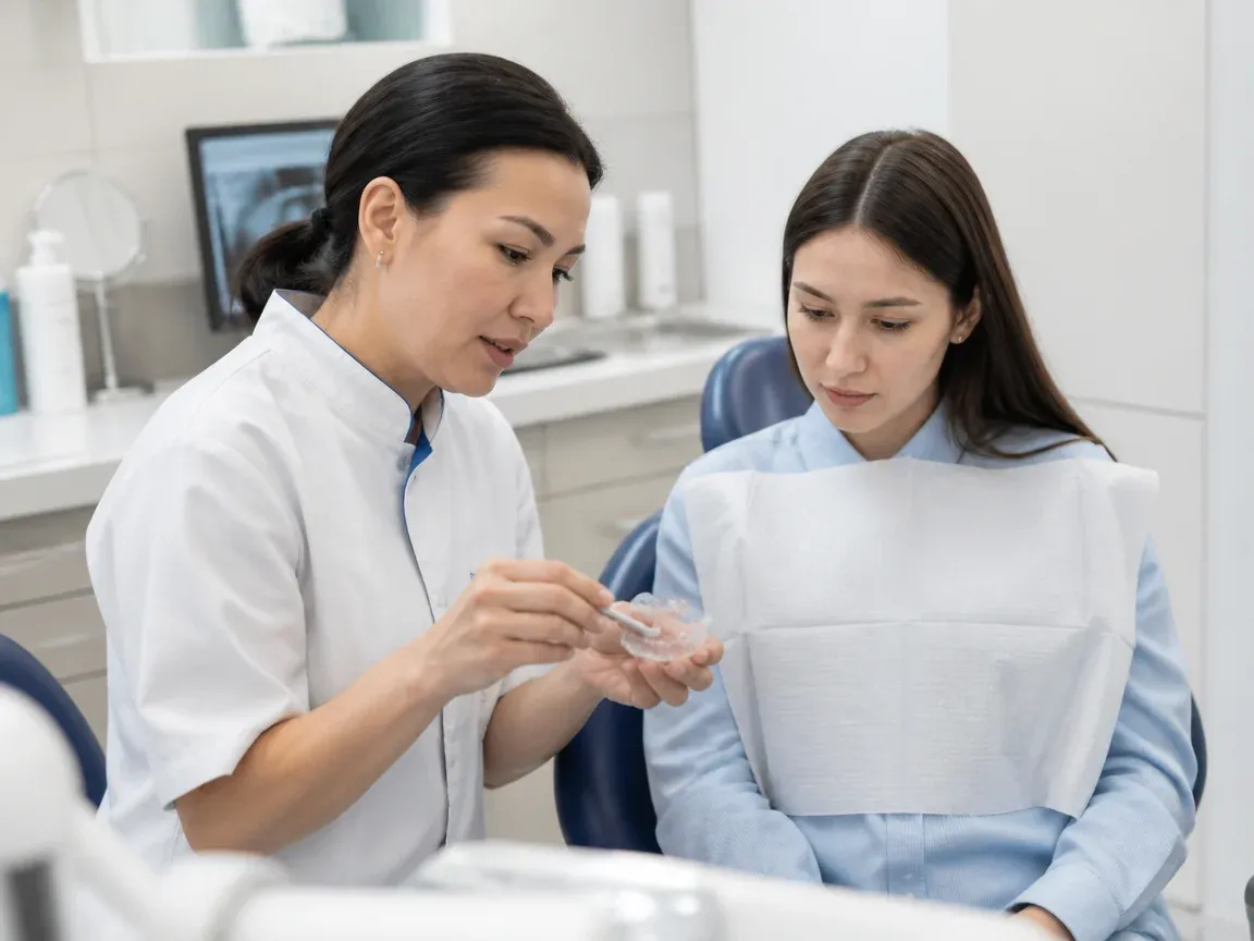 End of appointment: the doctor next to the patient goes over aftercare recommendations — illustration for the "Retainer placement" section