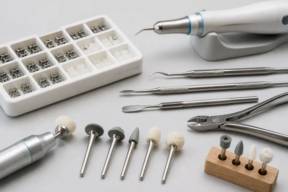 Tools and materials for this type of treatment, laid out on a light surface — an illustration for the section "Metal and ceramic braces"