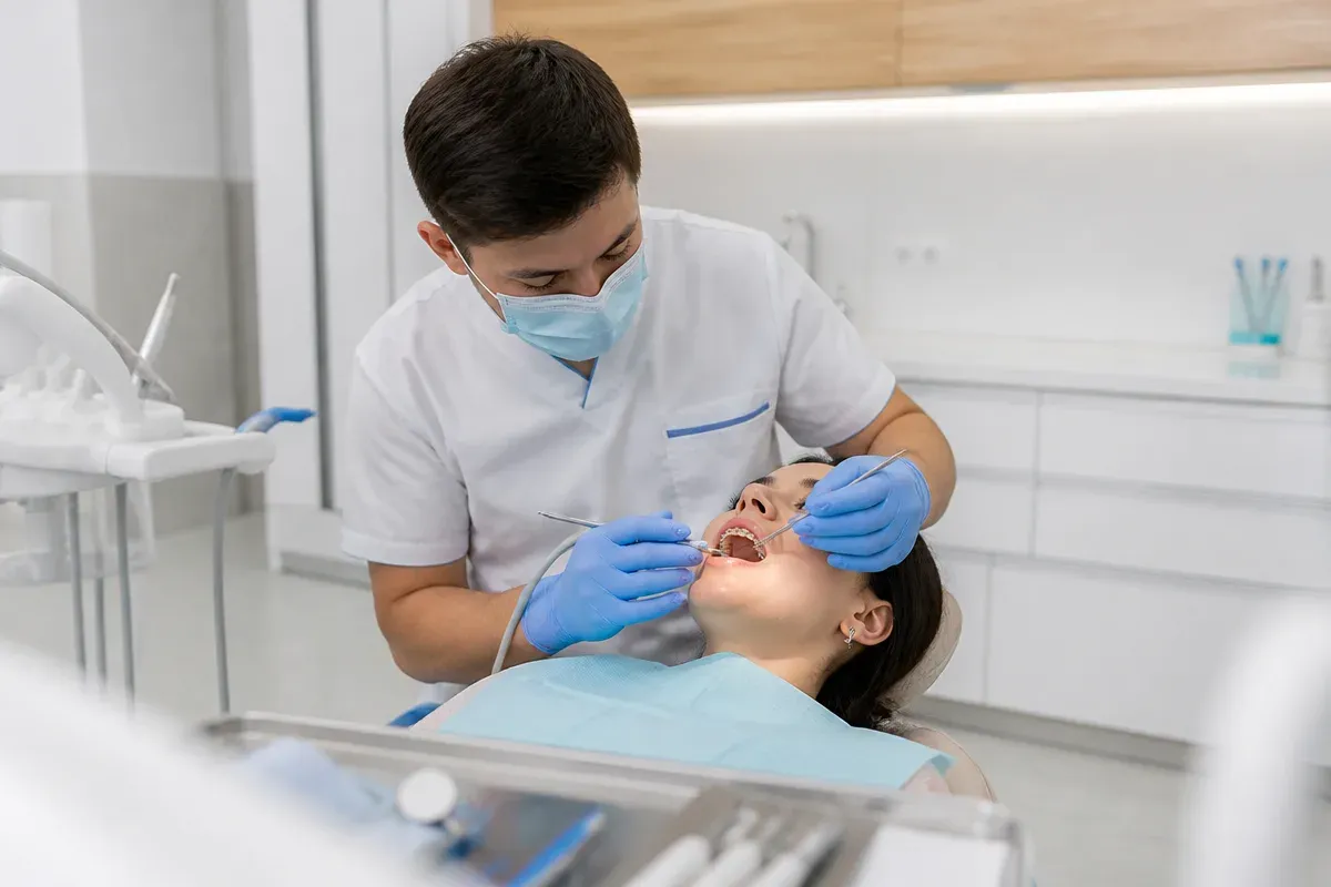 Chairside appointment: dentist at work, over-the-shoulder view of the assistant — illustration for the section "Sapphire and ceramic systems"