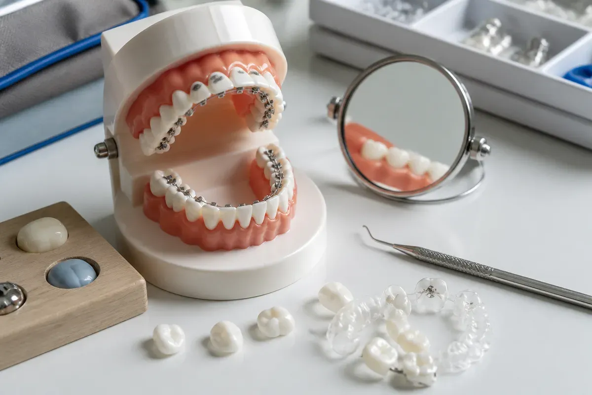 A jaw model and material samples on the dentist's table next to a mirror and probe — an illustration for the "Lingual and partial systems" section