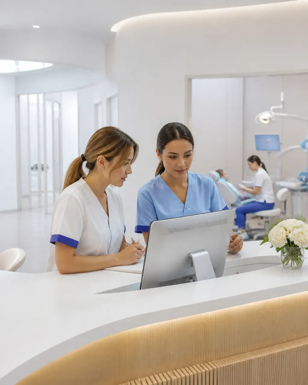 Clinic administrators check the appointment schedule on the screen at the front desk