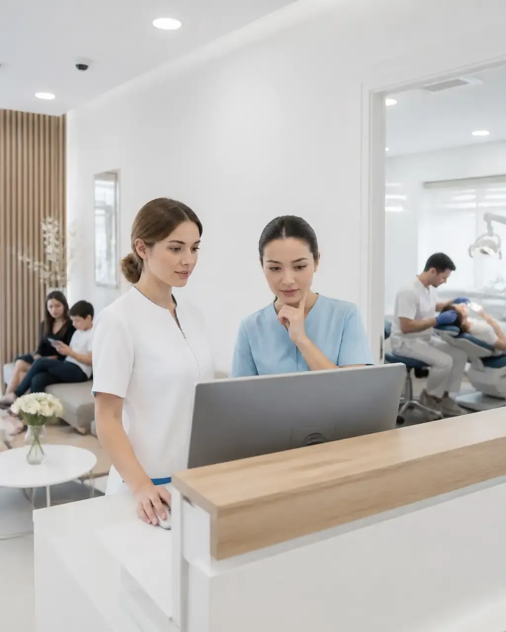 Clinic administrators check the appointment schedule on the screen at the front desk
