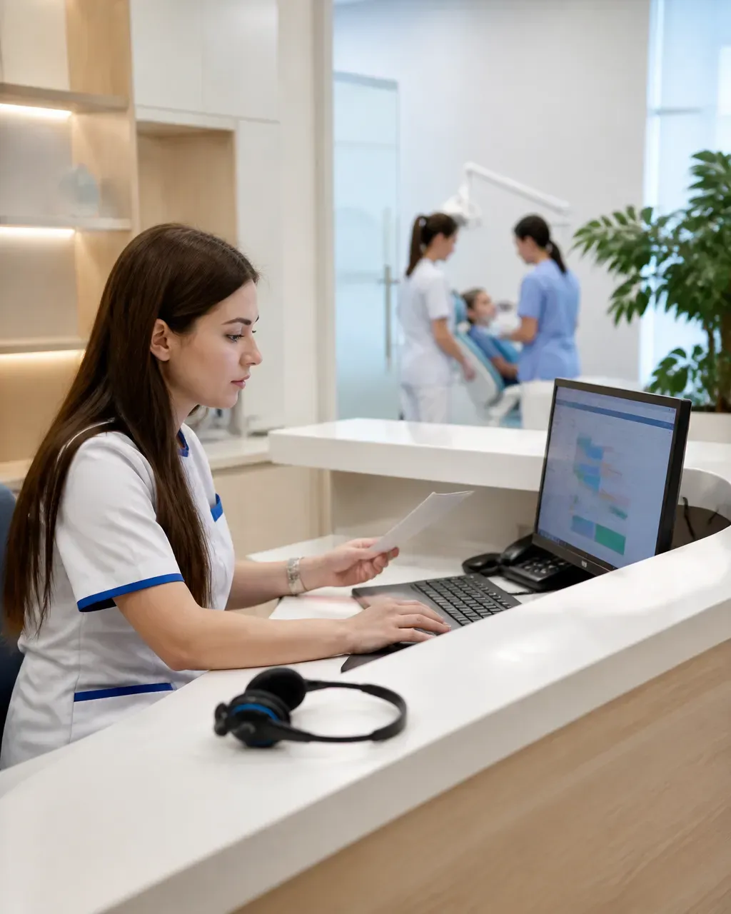 The clinic administrator answers patient messages at the front desk