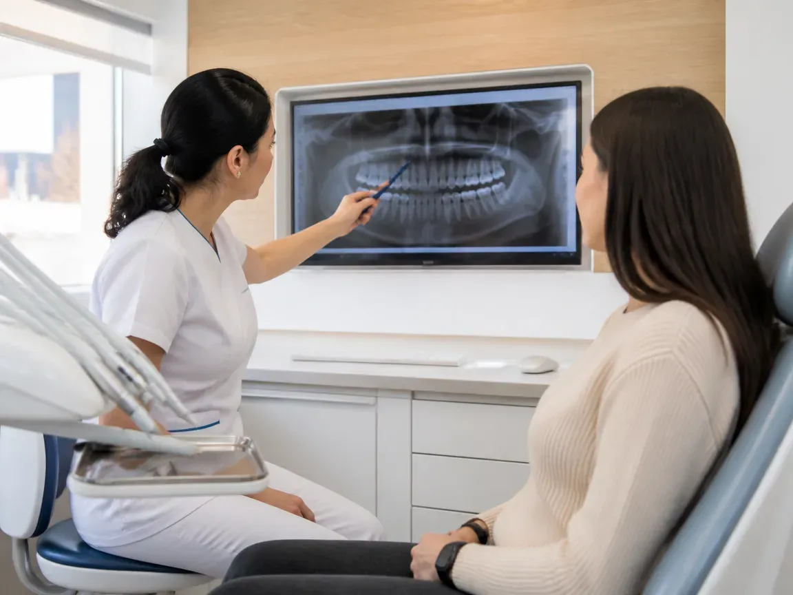 Consultation: doctor and patient at a screen with an X-ray — illustration for the "First Visit" section