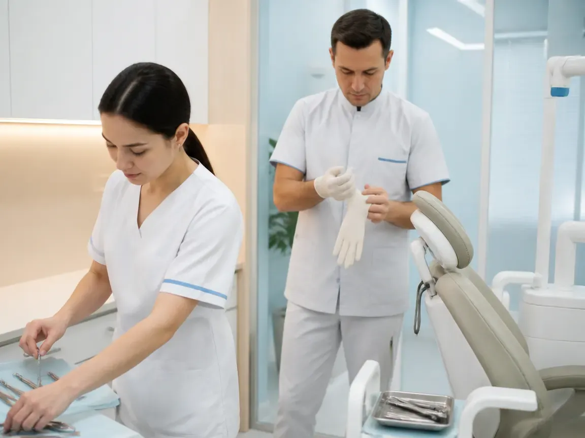 Preparation: the assistant lays out sterile instruments, the dentist puts on gloves — illustration for the section "Treatment planning"