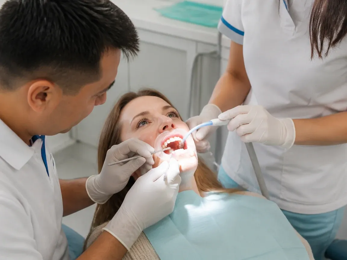 The treatment stage itself: the doctor's gloved hands working inside the oral cavity — an illustration for the "Treatment in stages" section