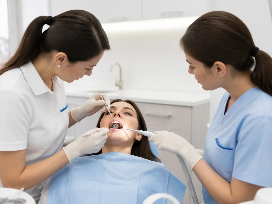 Follow-up visit: the dentist checks the result with a mirror while the assistant holds the saliva ejector — illustration for the section "Follow-up after treatment"