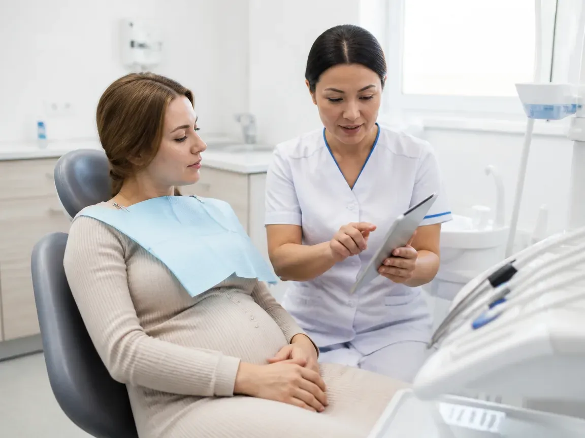 End of appointment: the doctor beside the patient goes over aftercare instructions — illustration for the section "Psychological comfort and anxiety reduction during dental appointments in pregnant patients"