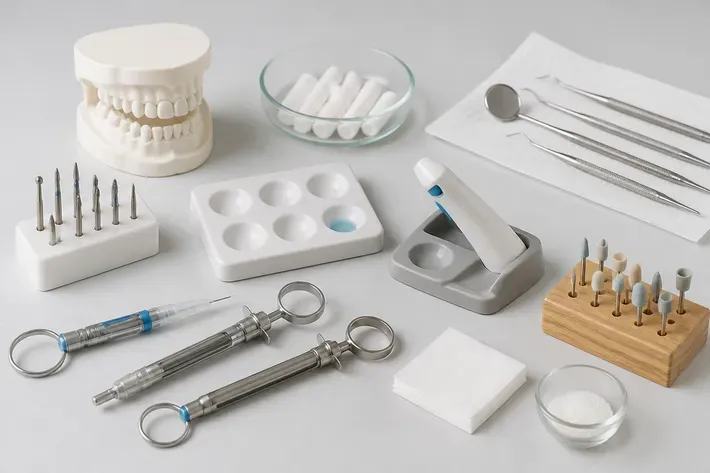 Instruments and materials for this type of treatment, laid out on a light surface — an illustration for the section "Caries treatment: stages"