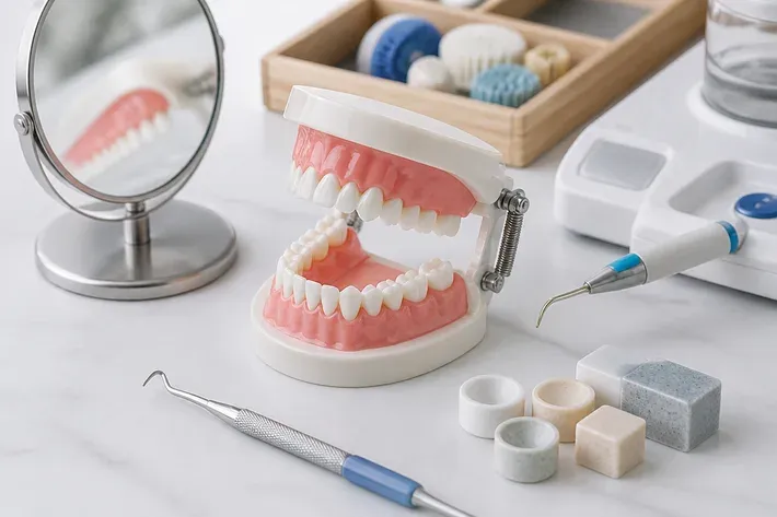 A jaw model and material samples on the dentist's table next to a mirror and probe — an illustration for the "Which doctors provide care" section
