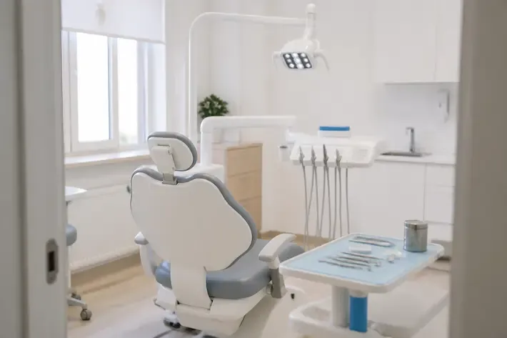 A treatment room prepared for an appointment: dental chair, lamp, and a tray of instruments — an illustration for the section "Anesthesia during pregnancy"