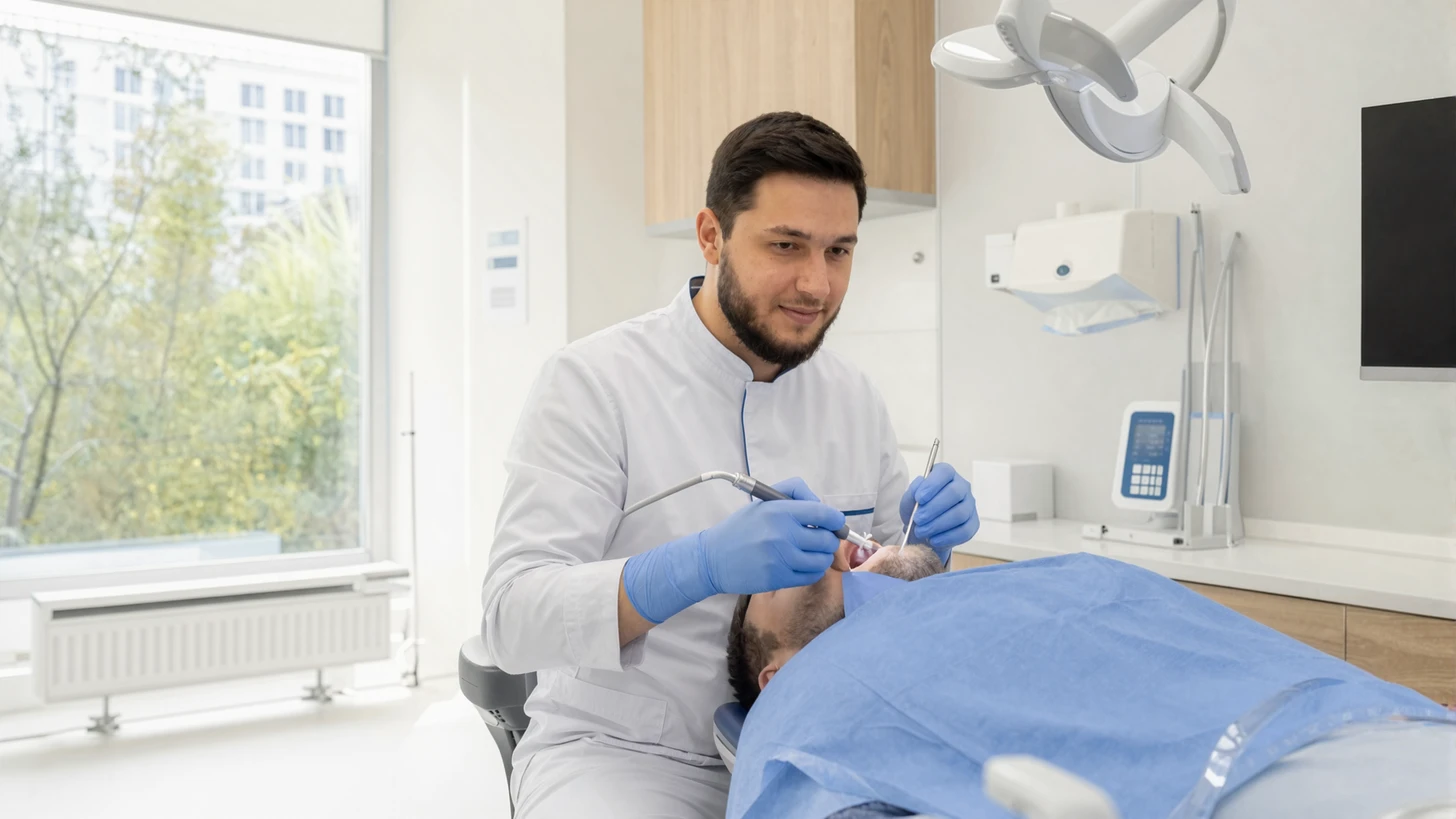 Бабур Халметов, хирург-имплантолог клиники Dental-Center в Алматы, во время операции имплантации