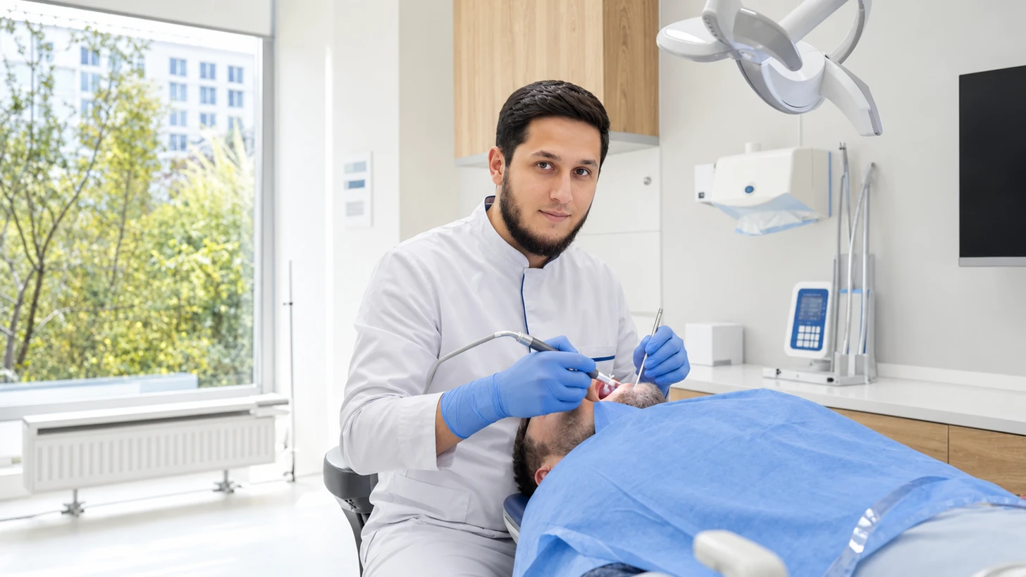 Бабур Халметов, хирург-имплантолог клиники Dental-Center в Алматы, во время операции имплантации