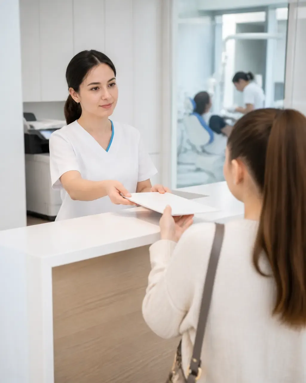 The clinic administrator gives the patient a treatment plan at the front desk