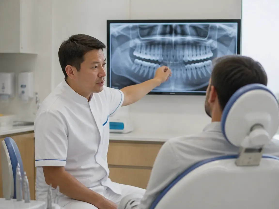 Consultation: doctor and patient at a screen with an X-ray — illustration for the section "Examination and treatment plan"