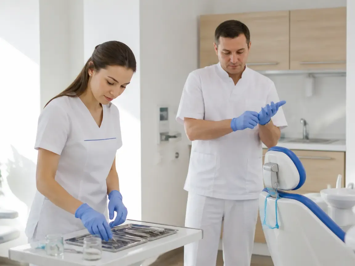 Preparation: the assistant lays out sterile instruments, the dentist puts on gloves — illustration for the section "Taking impressions"