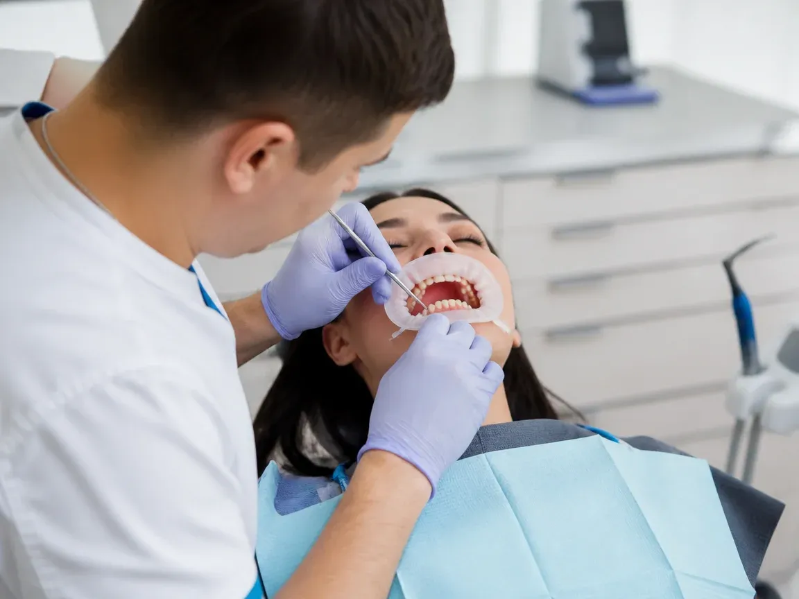 The treatment stage itself: the doctor's gloved hands working in the oral cavity — an illustration for the section "Fabrication of the restoration"