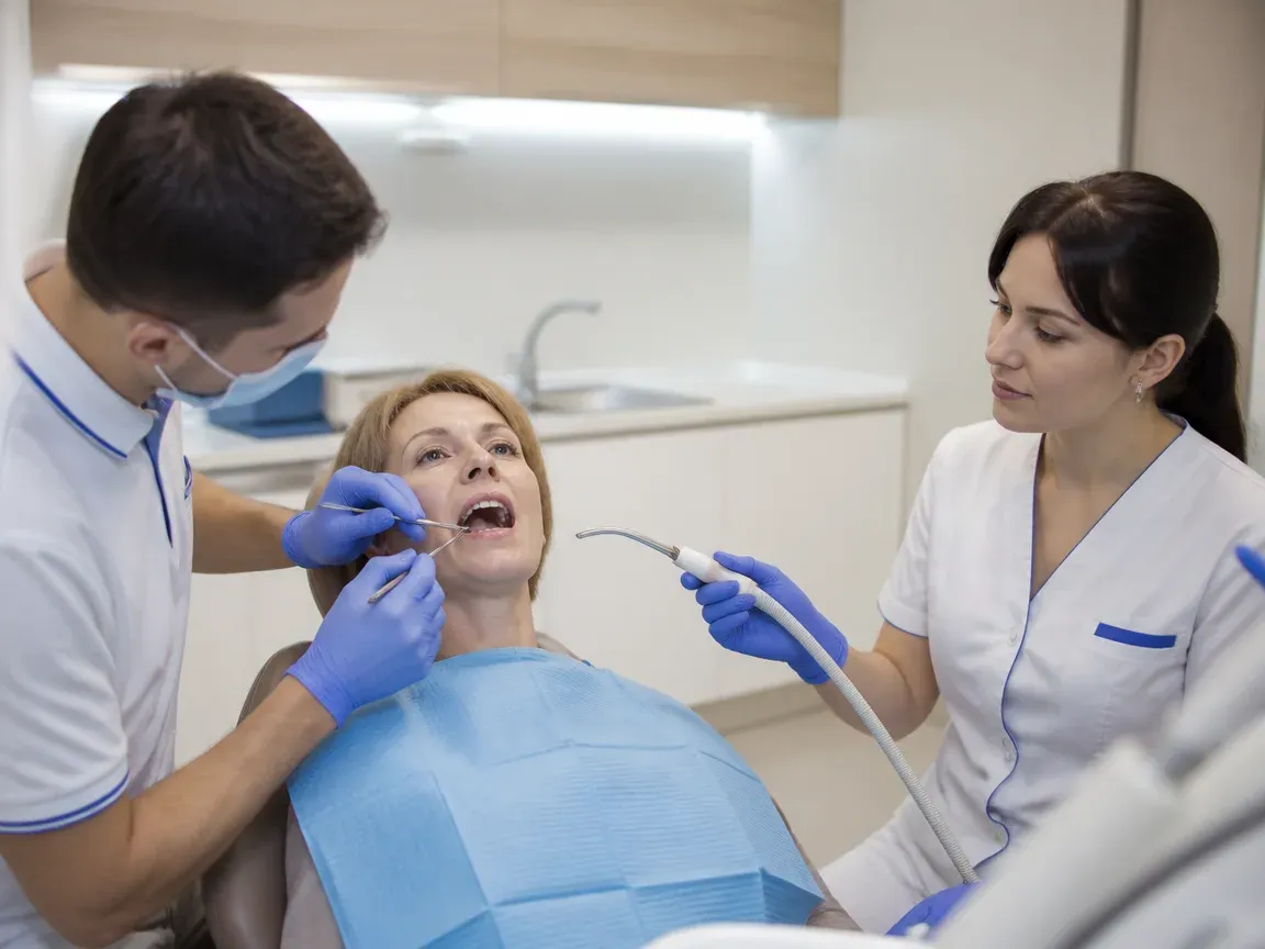 Follow-up visit: the doctor checks the result with a mirror while the assistant holds the saliva ejector — illustration for the "Fitting and adjustment" section