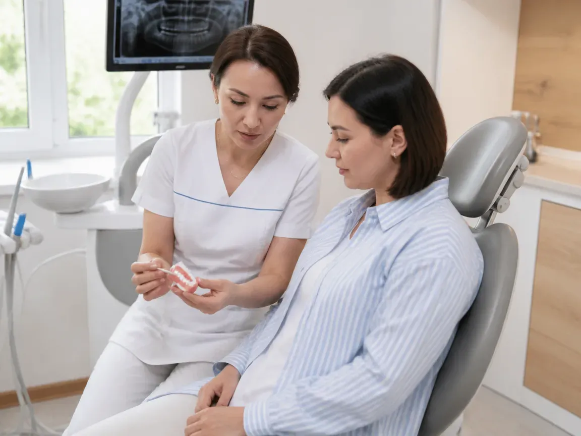 End of appointment: the doctor sits with the patient to go over aftercare instructions — illustration for the "Discharge and follow-up visits" section