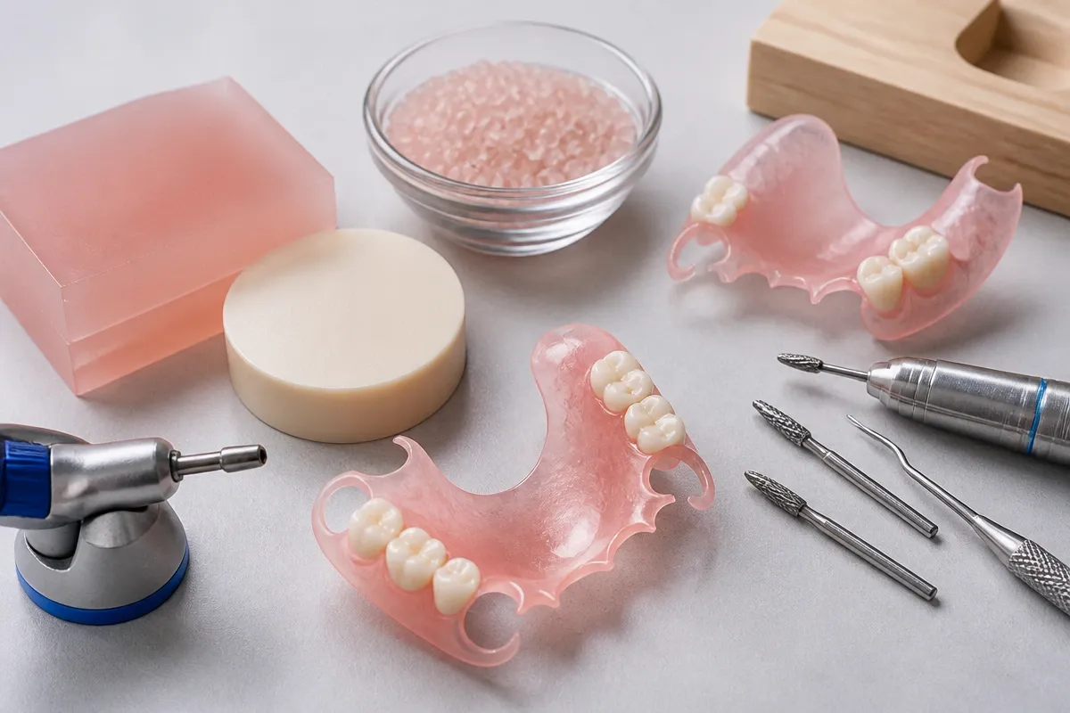 Tools and materials for this type of treatment, laid out on a light surface — an illustration for the section "Which doctors specialize in prosthetics"