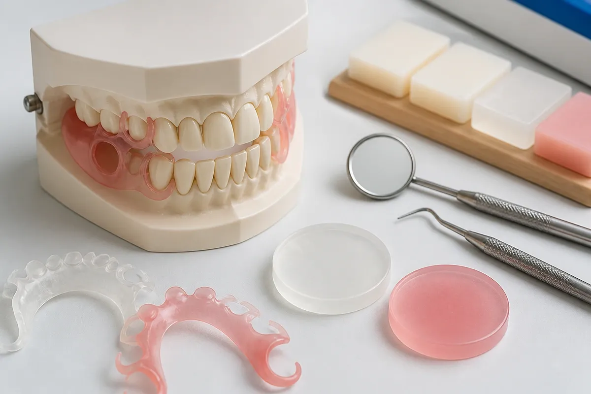 A jaw model and material samples on the dentist's table next to a mirror and probe — an illustration for the section "Partial and Complete Thermoplastic Dentures"
