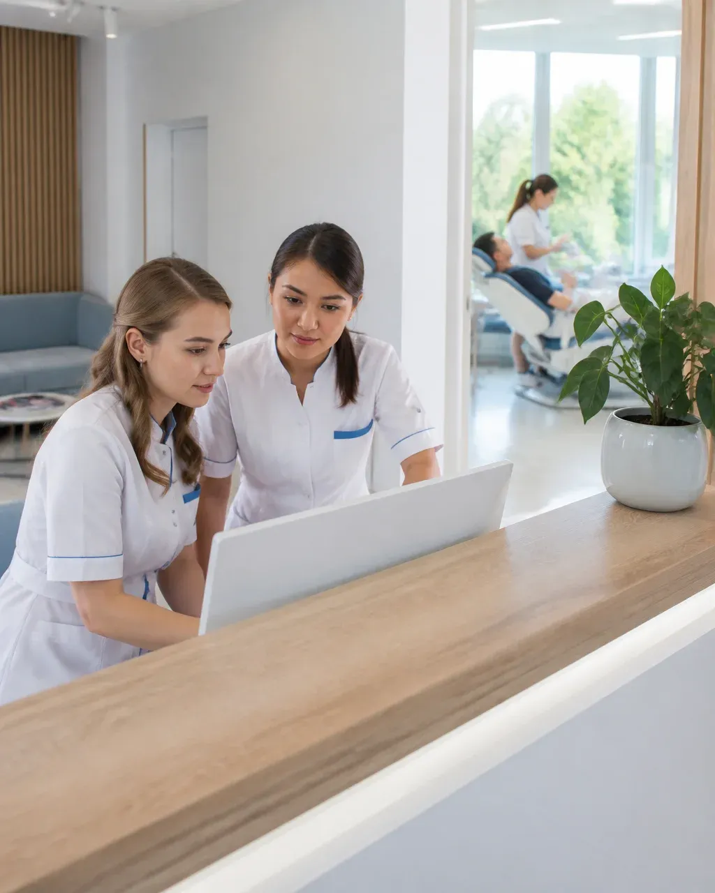 Clinic administrators check the appointment schedule on the screen at the front desk