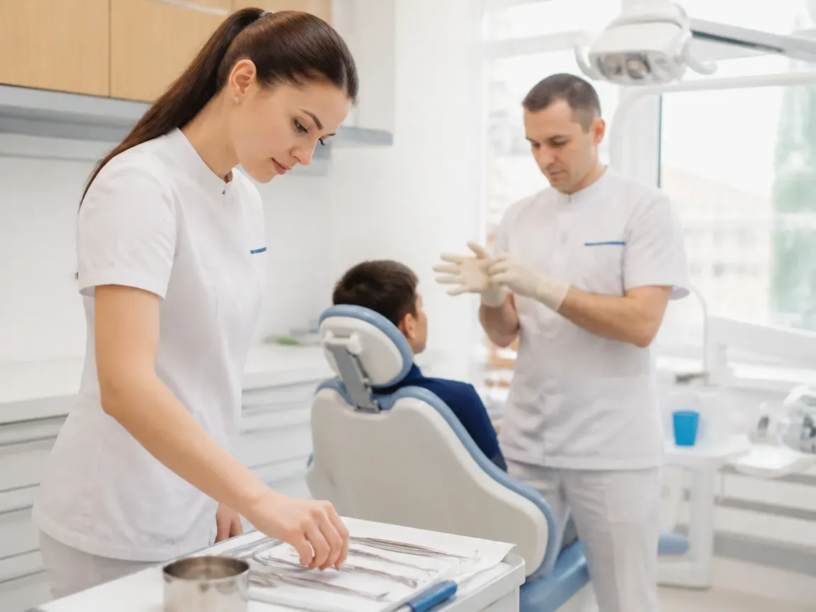 Preparation: the assistant lays out sterile instruments, the dentist puts on gloves — illustration for the section "Fabrication of the restoration"