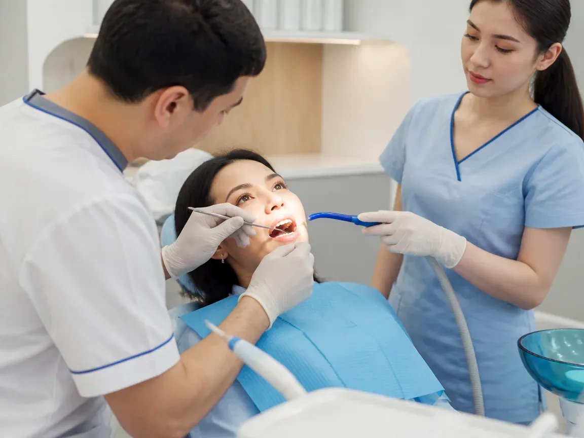 Follow-up visit: the dentist checks the result with a mirror while the assistant holds the saliva ejector — illustration for the "Follow-up Visits" section