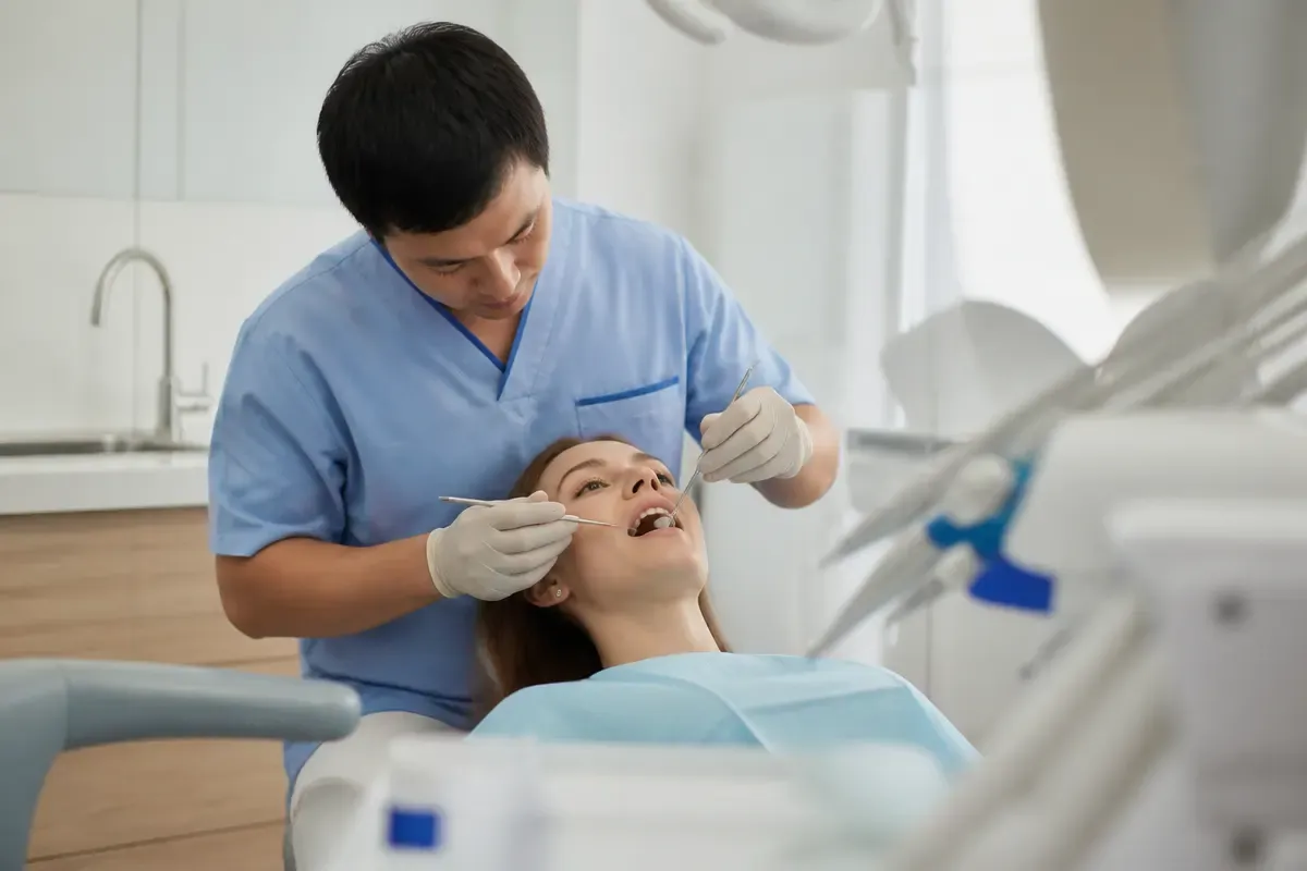 Chairside appointment: dentist at work, over-the-shoulder view of the assistant — illustration for the section "For bruxism and other tasks"