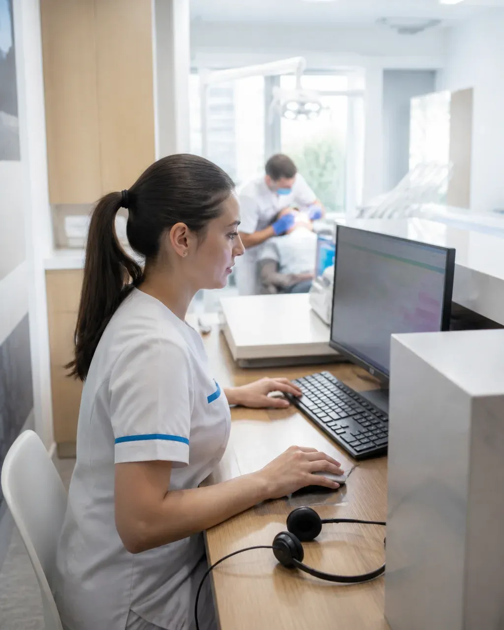 The clinic administrator answers patient messages at the front desk