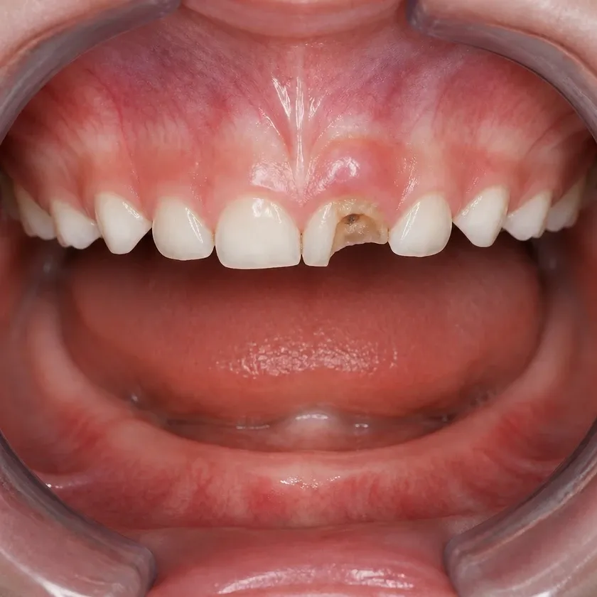 Pulpectomy of a primary tooth — pre-treatment condition on a clinical image