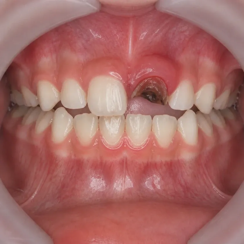 Pulpectomy of a primary tooth — pre-treatment condition on a clinical image