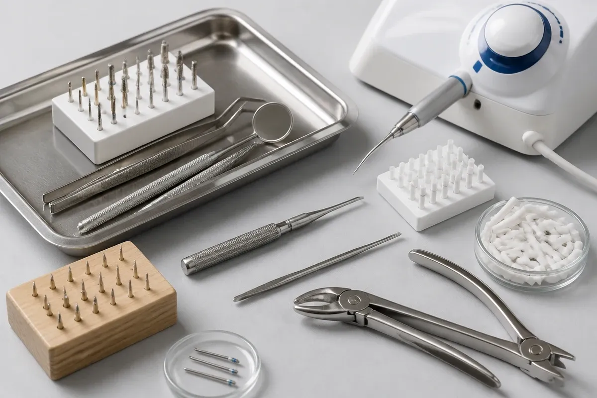 Instruments and materials for this type of treatment, laid out on a light surface — an illustration for the section "What methods of post removal exist"